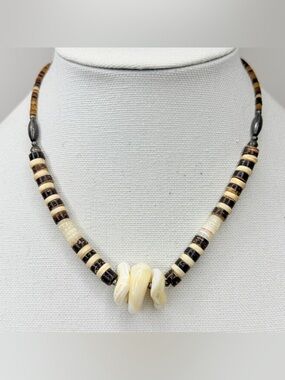 Handmade Coconut Shell Bead Necklace Shell Pendant Tested Silver Boho Tribal
